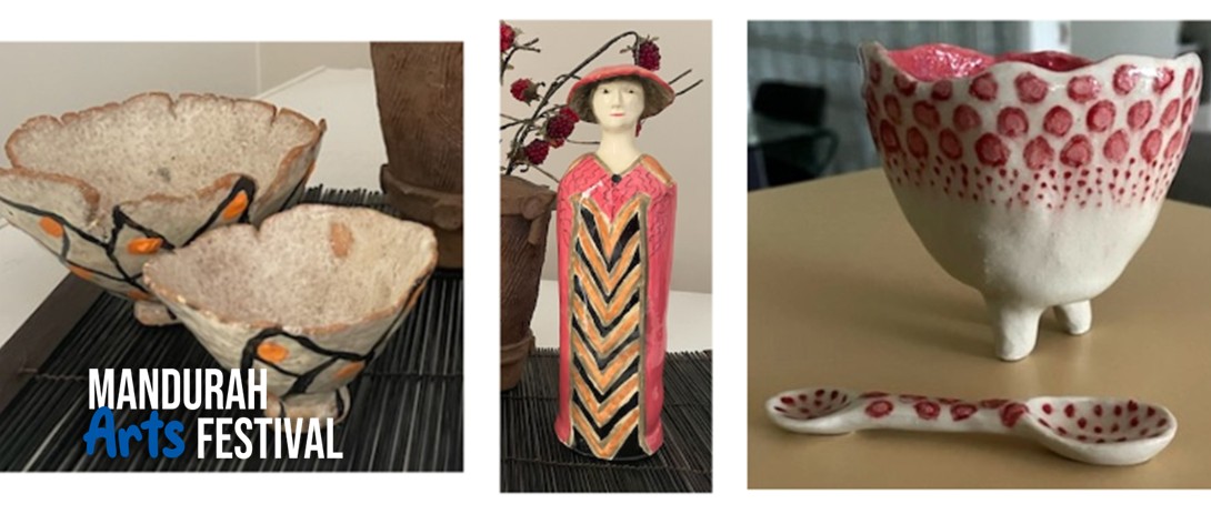 three ceramic pieces form a collage - a beige set of bowls with black and orange lines, a figurine of a woman in pink, and a white sugar bowl and spoon with pink details
